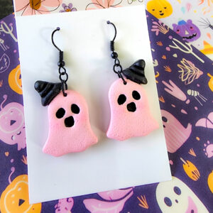 Orellie's handmade pink ghost earrings, crafted in New Zealand. These fun and spooky earrings are perfect for adding a playful touch to your Halloween look.