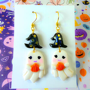 Orellie's handmade pumpkin ghost earrings, crafted in New Zealand. These charming and spooky earrings are the perfect accessory for your Halloween celebration.