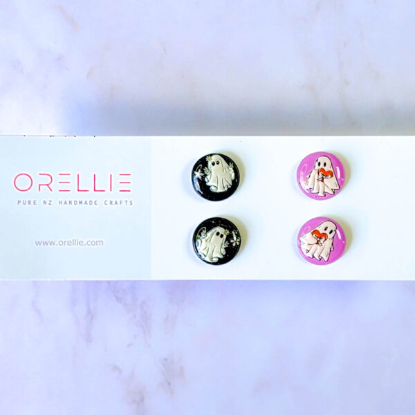 Orellie's handmade ghost stud earrings, crafted in New Zealand with various playful and spooky designs. Perfect for adding a fun touch to your Halloween ensemble.