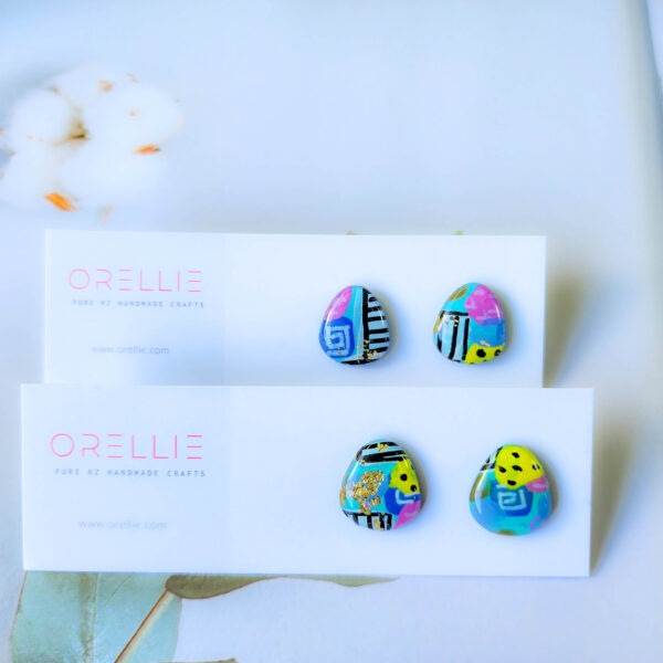 Orellie's handmade teardrop pattern earrings, designed and crafted in New Zealand. A vibrant and stylish addition to your collection with a unique colorful pattern