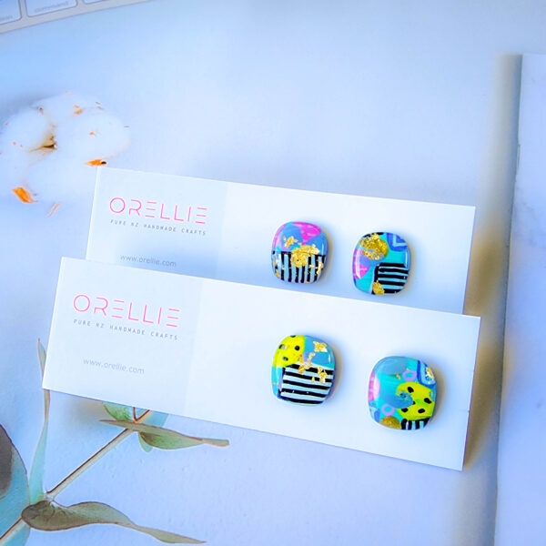 Orellie's handmade square pattern earrings, New Zealand-made with a beautiful blend of colors and patterns. A stylish accessory to brighten up any outfit.