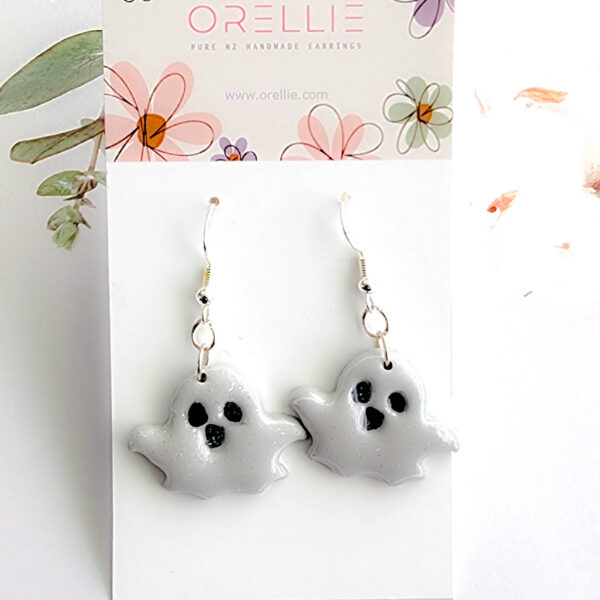 Orellie's handmade glitter ghost earrings, crafted in New Zealand. These sparkly and spooky earrings are the perfect Halloween accessory to add a bit of fun and shine.