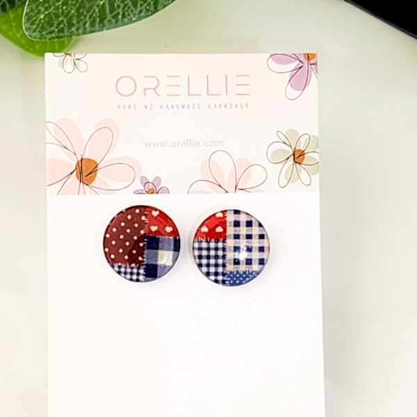 Add a unique touch to your style with Orellie's handmade red and blue patchwork stud earrings. Perfect for casual and everyday wear.