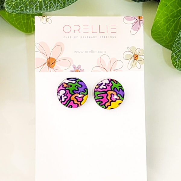 Brighten up your day with these vibrant, abstract confetti stud earrings from Orellie. Handmade and perfect for adding a pop of color to any outfit.