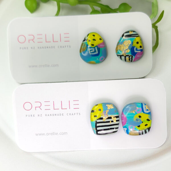 Orellie's handmade teardrop pattern earrings, designed and crafted in New Zealand. A vibrant and stylish addition to your collection with a unique colorful pattern