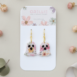 Cute floral ghost earrings for Halloween lovers – handmade by Orellie NZ, perfect spooky dangles for the season.