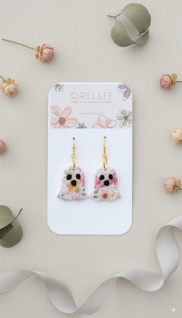 Cute floral ghost earrings for Halloween lovers – handmade by Orellie NZ, perfect spooky dangles for the season.