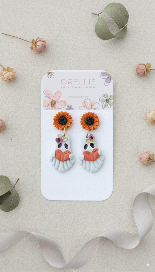 Celebrate Halloween with spooky ghost earrings by Orellie NZ. Perfect handmade accessory for festive and fun outfits.