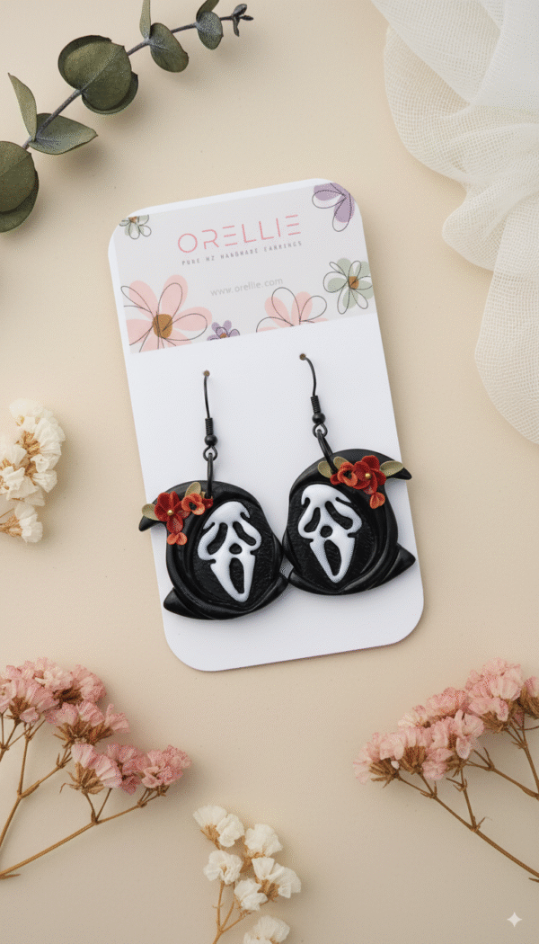Shop ghost earrings handmade in NZ. These floral Halloween dangles from Orellie NZ are spooky, stylish, and perfect for your October outfit.